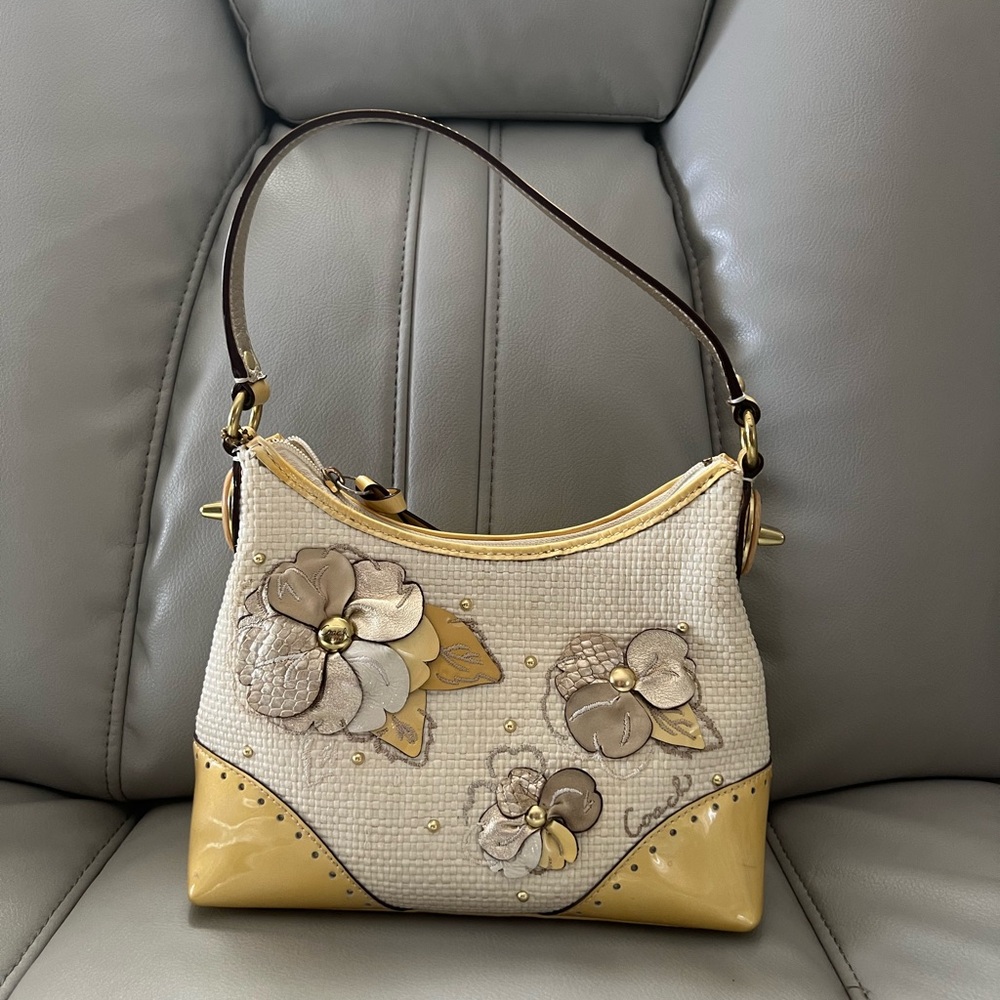 Coach Cream and Gold Floral Shoulder Bag